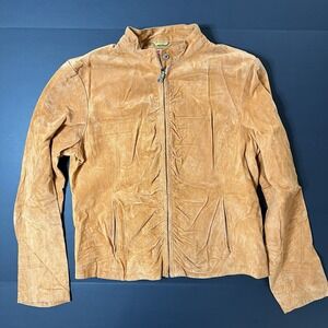 Wilsons Leather Maxima Orange Suede Ruched Jacket Women's L Zipper Button Snap